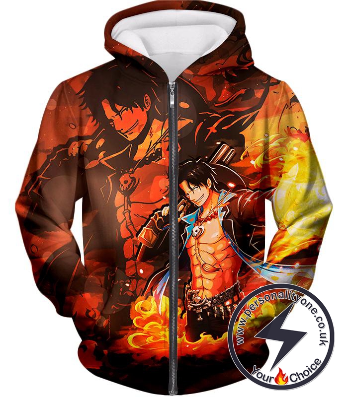 One Piece Super Cool Whitebeard Pirate Commander Fire Fist Ace Zip Up Hoodie